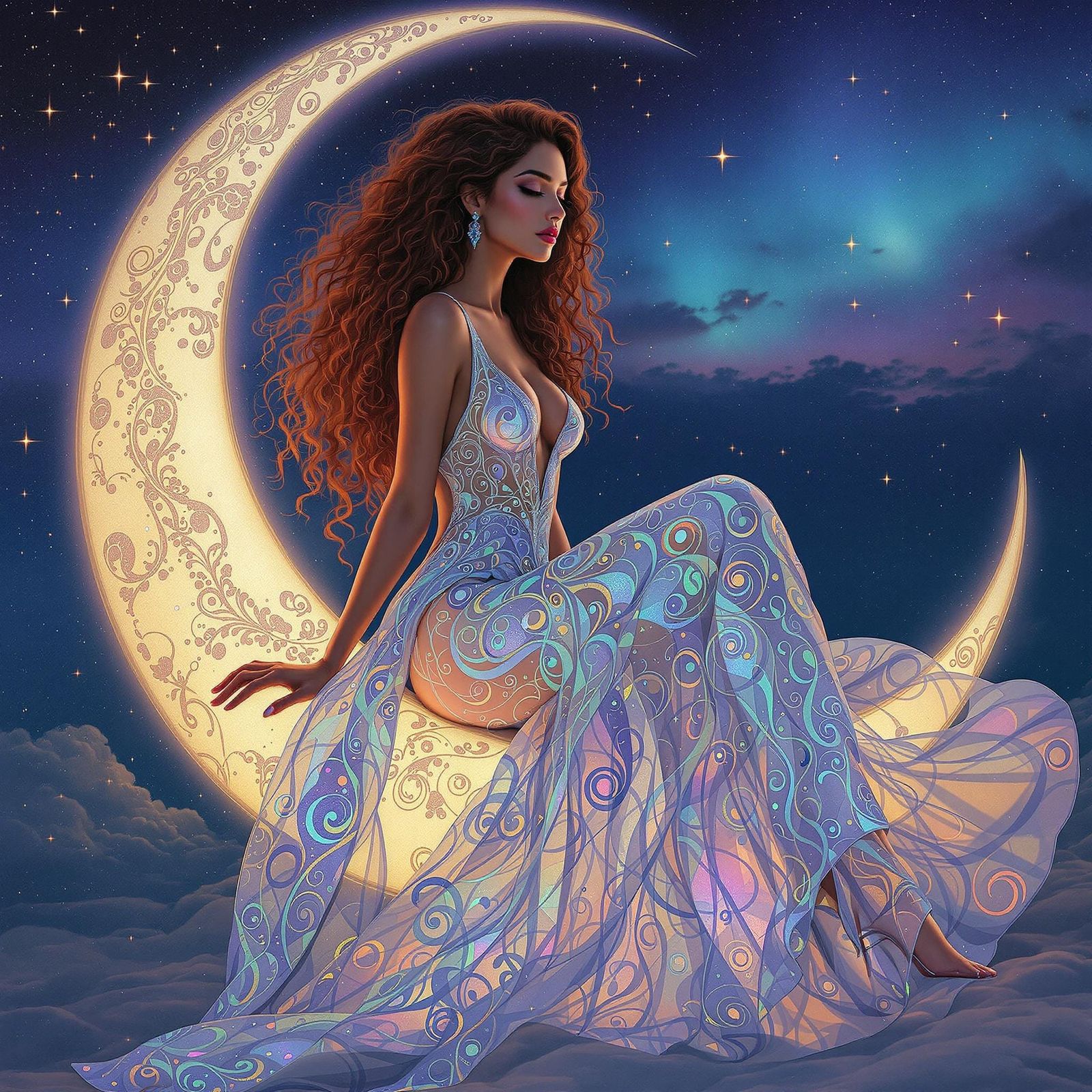 Ethereal Goddess in Iridescent Art Nouveau Dreamscape