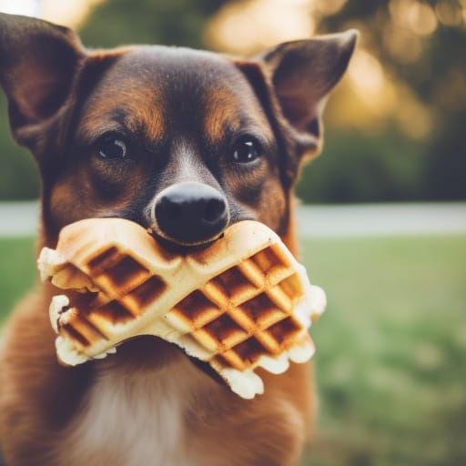 Dog with a waffle in his mouth