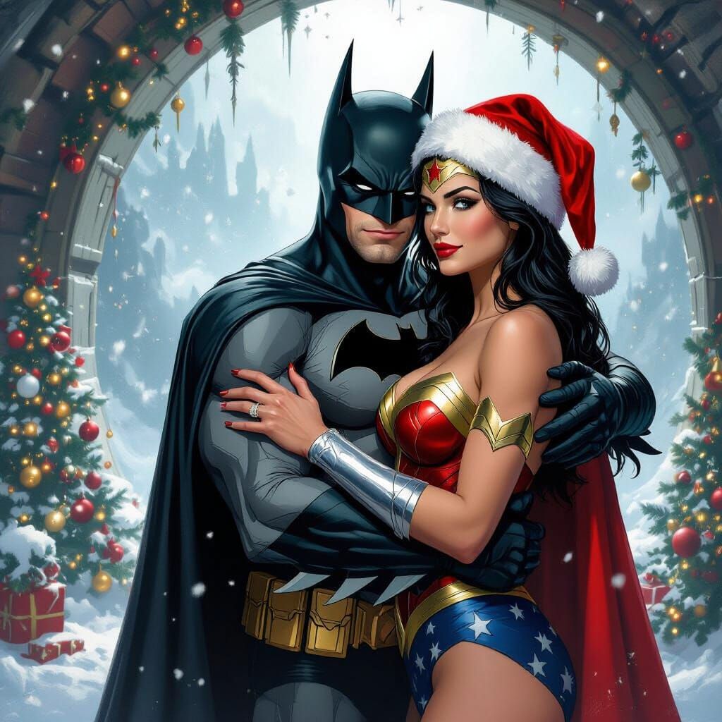 Romantic Batman and Wonder Woman in Bat Cave Holiday Art