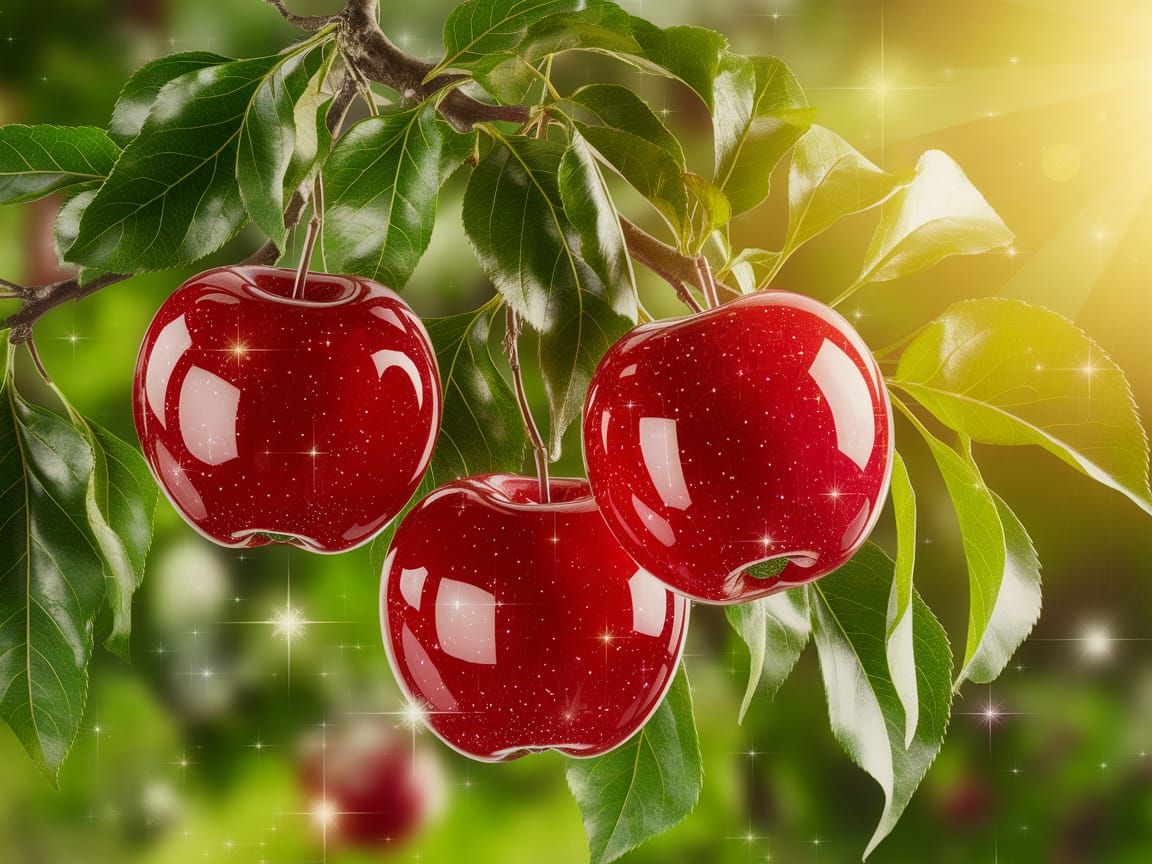 Glossy Glass Apples in a Vibrant Enchanted Garden