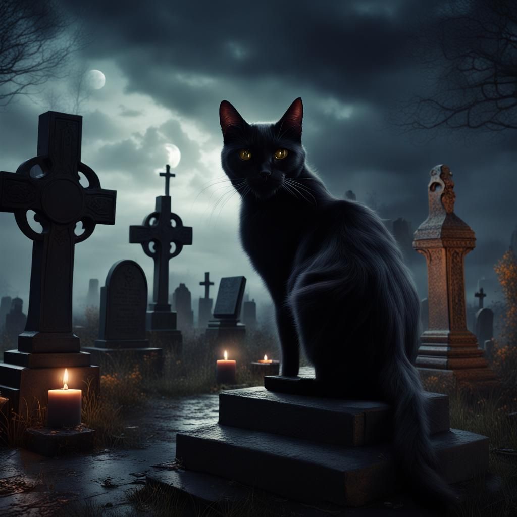 Black Cat Watches Witch Ghost Rise: Detailed Matte Painting