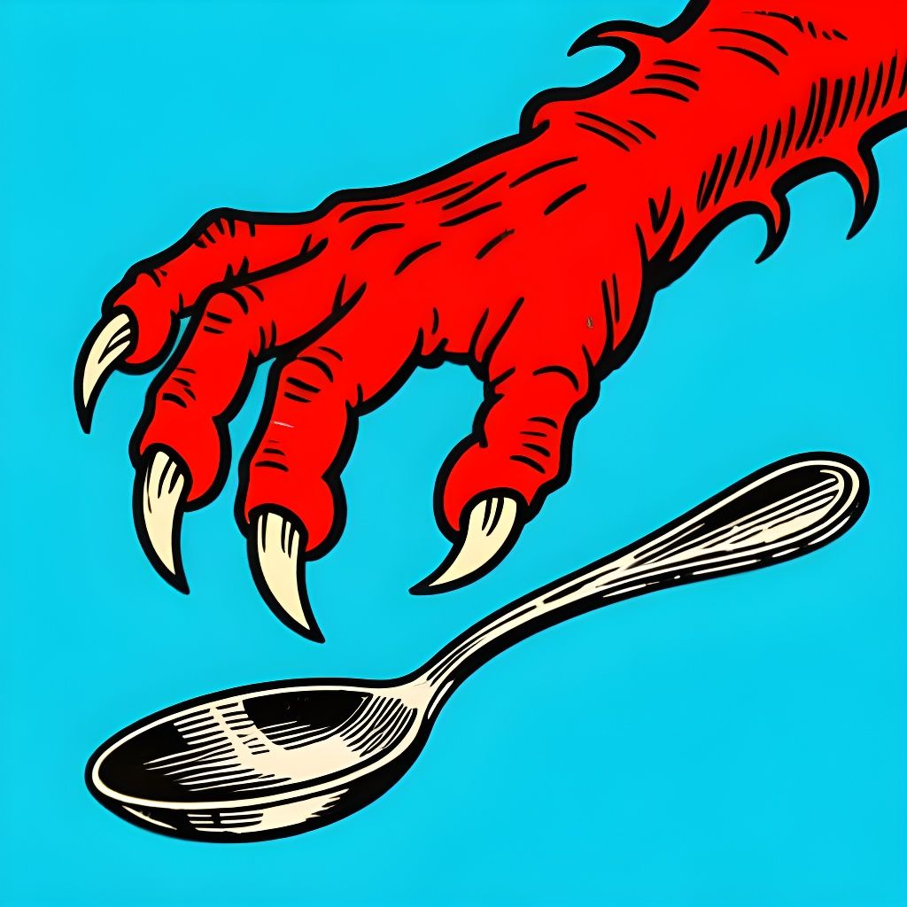 Retro Monster Hand Hovering Over Spoon in Etching Style