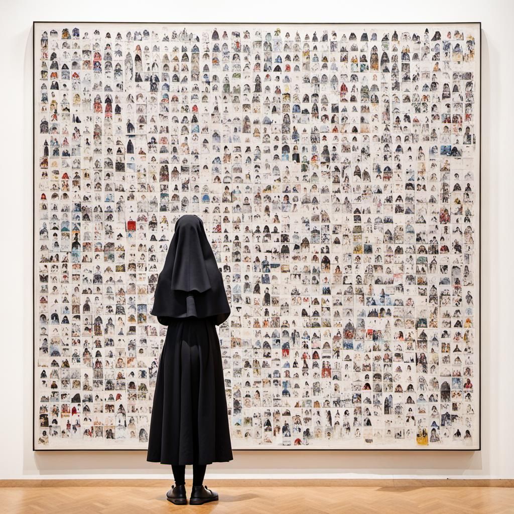 Nun Contemplates Monumental Abstract Sculpture