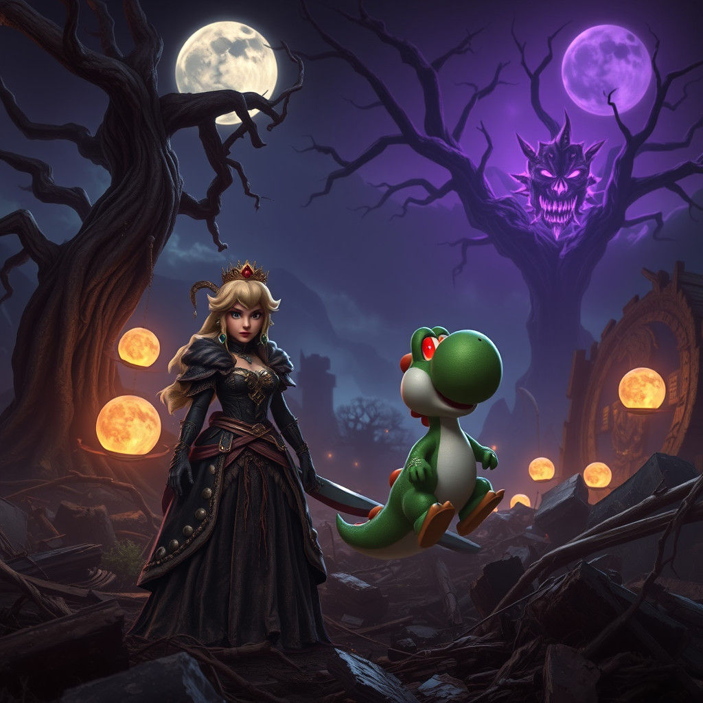Dark Fantasy Princess Peach and Yoshi in Apocalypse