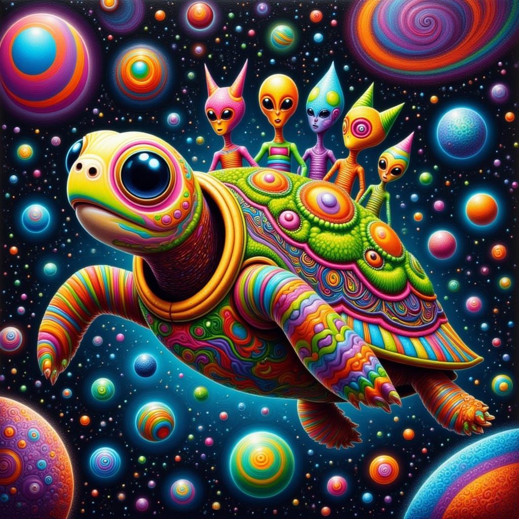Cosmic Turtle Encounters Alien Collectors in a Vibrant Digit...