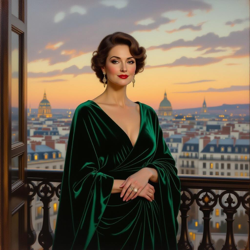 Regal Woman in Velvet Robes on Parisian Balcony