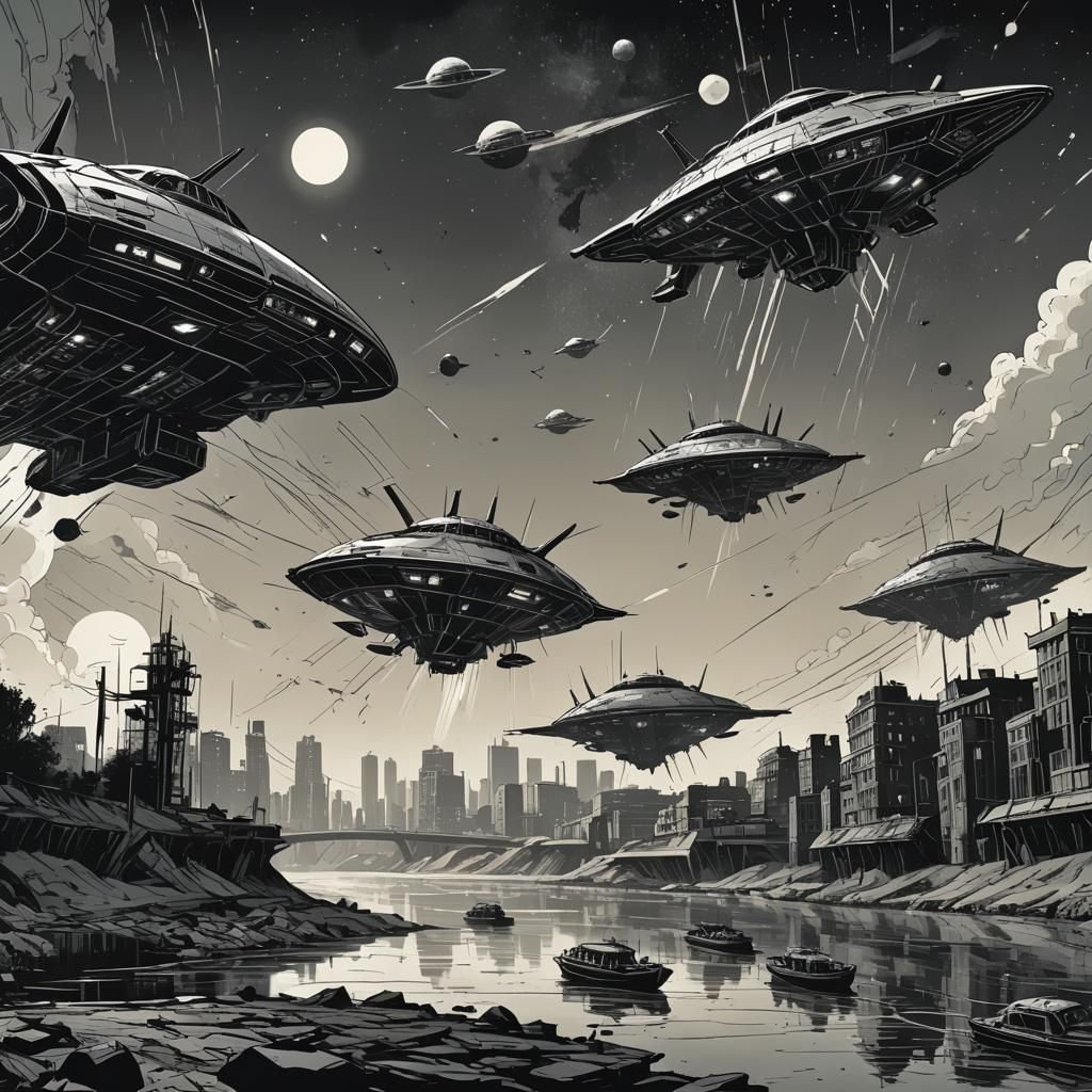 Comic Noir Spaceships Over River: Expressionist Poster