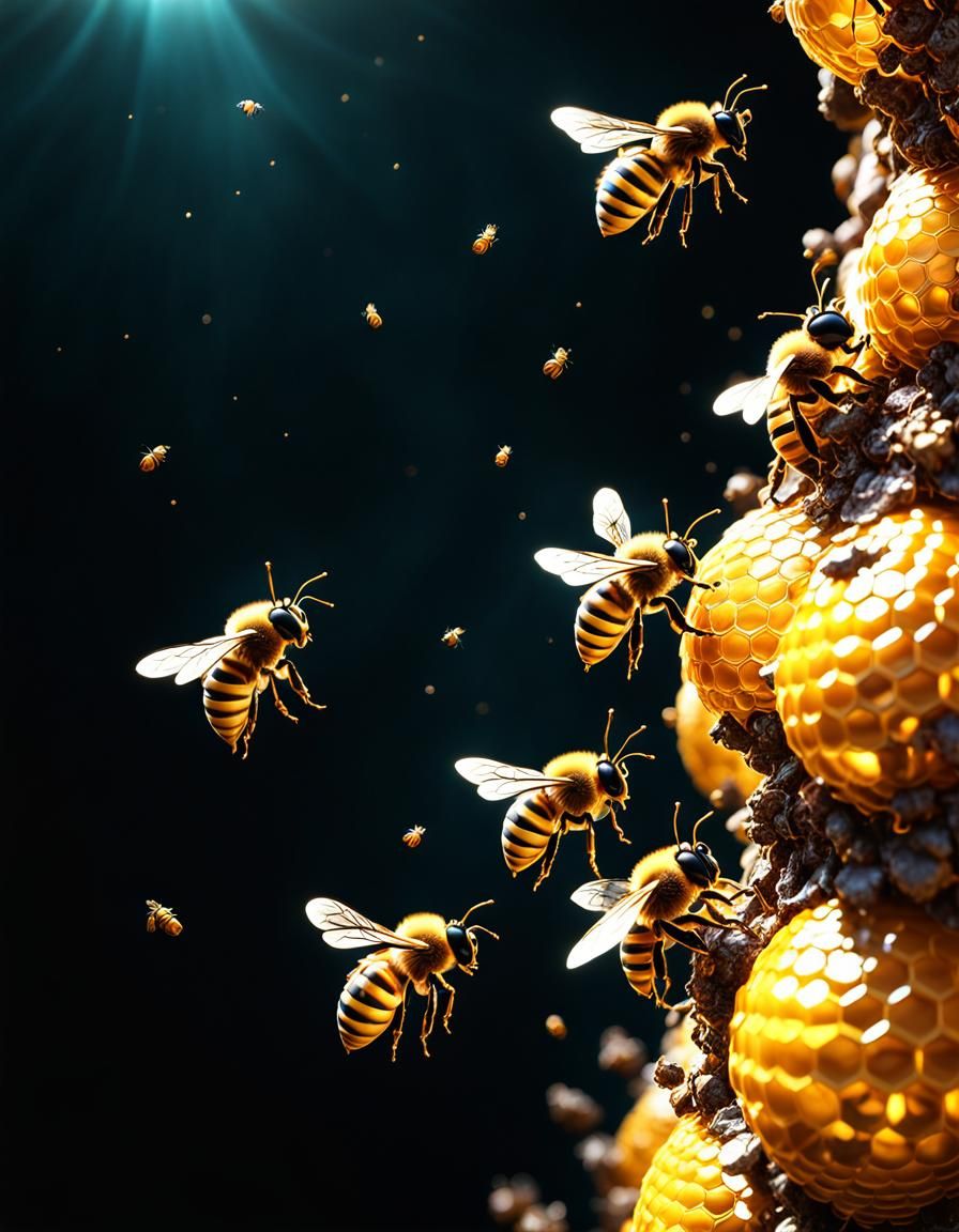 A bee hive with honey, busy bees flying back and forth