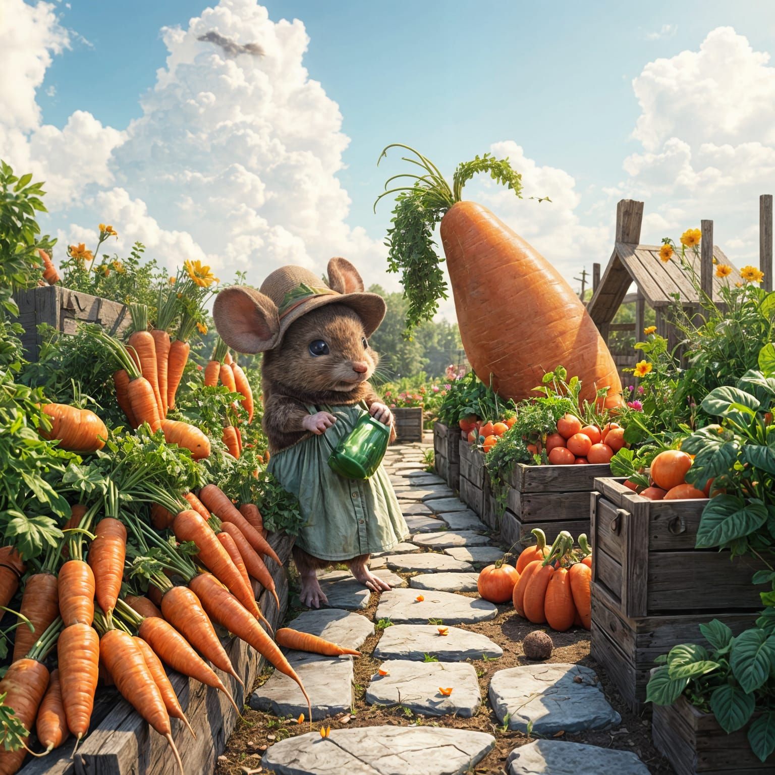 Hyperrealistic Mouse Gardener in Sunny Vegetable Patch
