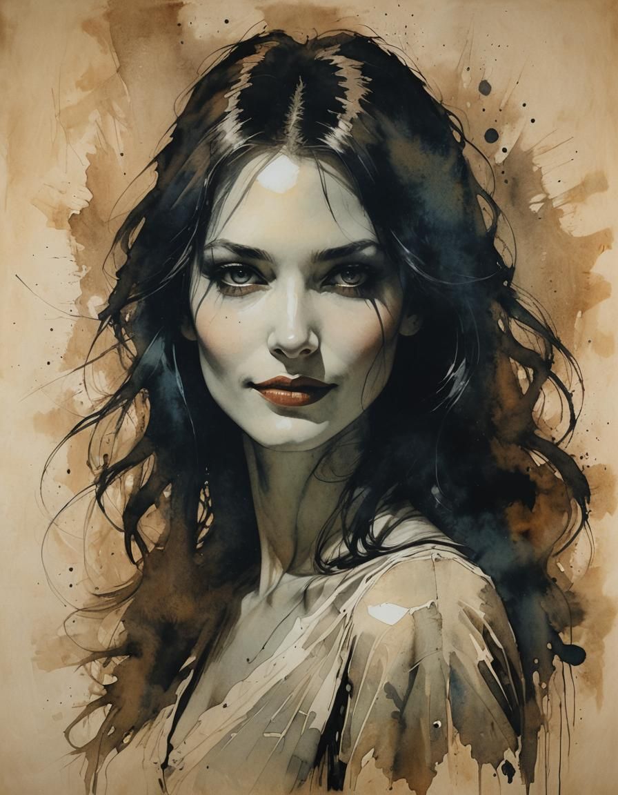 Ethereal Temptress Portrait in Shadowed Grunge Ink Style