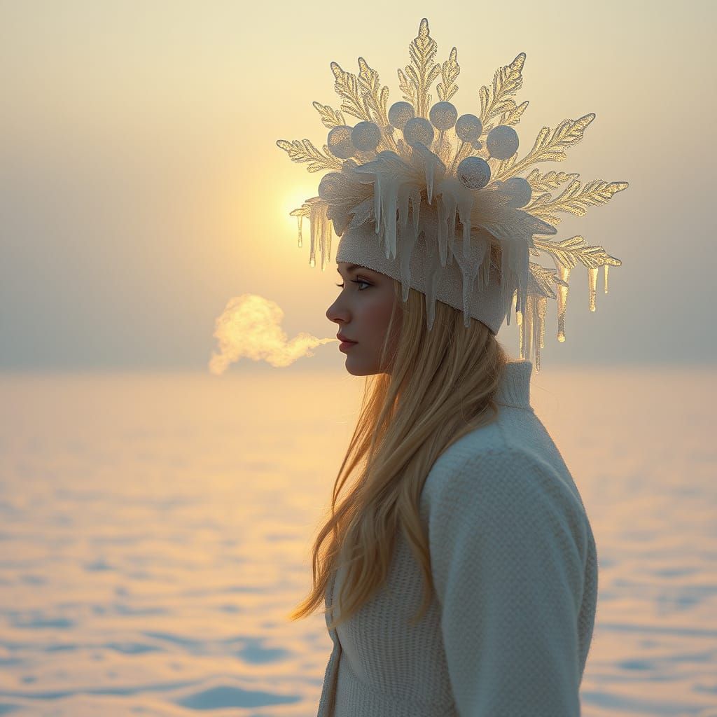 Solitary Woman in Icy Kokoshnik on Snowy Plain