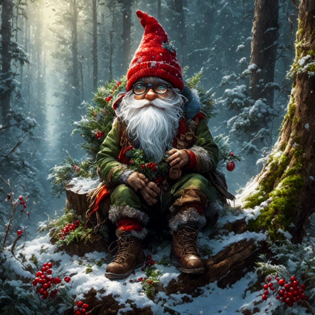 Winter Gnome in Fantasy Forest with Hidden Eyes