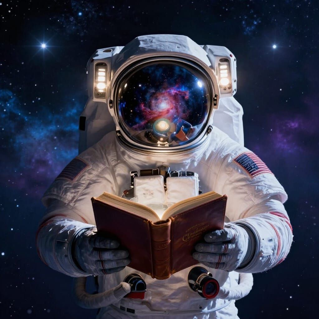 Astronaut Reads Book Reflecting Nebula in Space