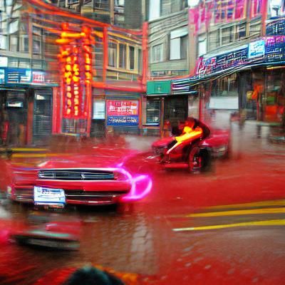 Red Muscle Car in Rainy Cyberpunk Chinatown