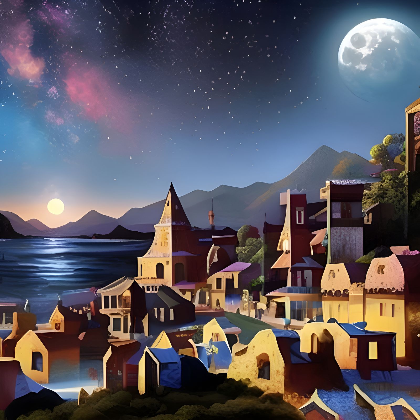 Terrified Villagers Under a Hyperdetailed Moonlit Sky