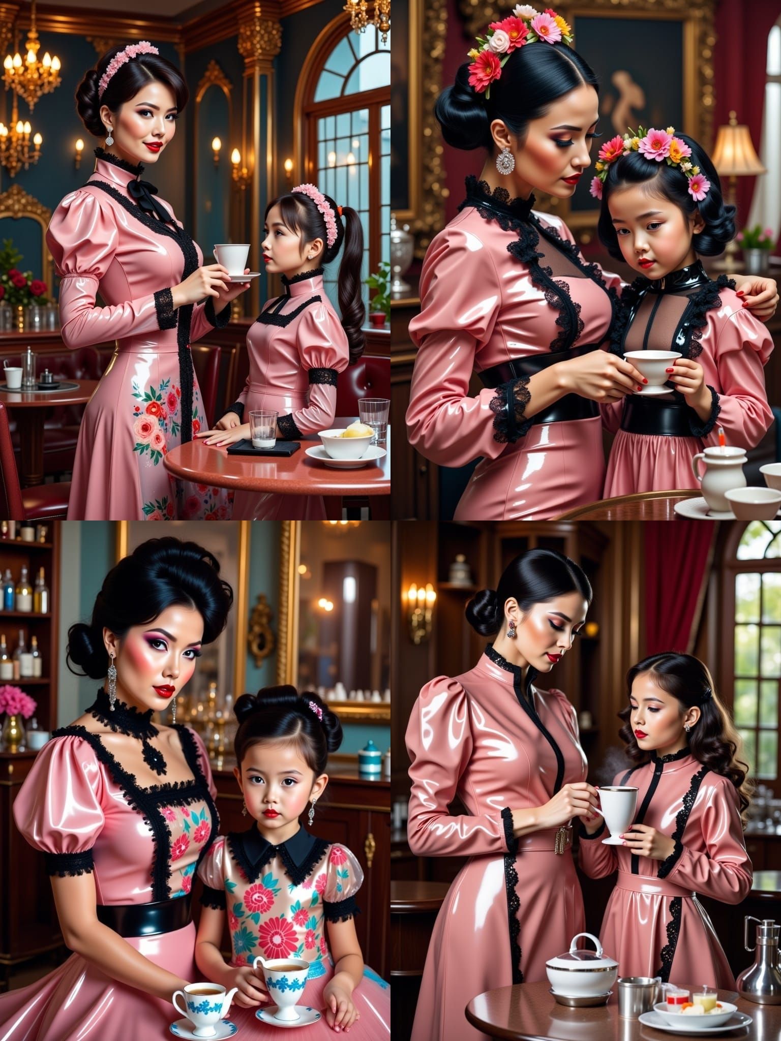 Mother and Daughter in Shiny Leather Dresses