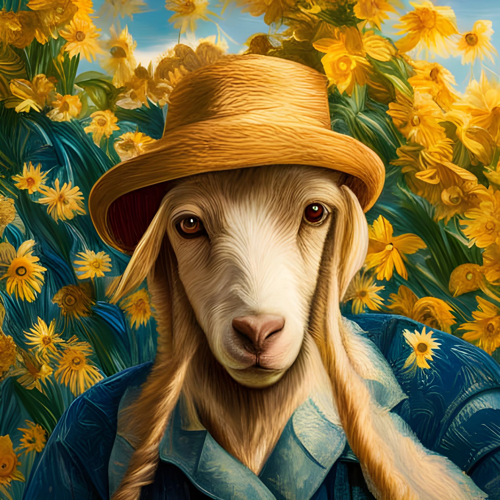 Goat as Van Gogh in Sunny Field