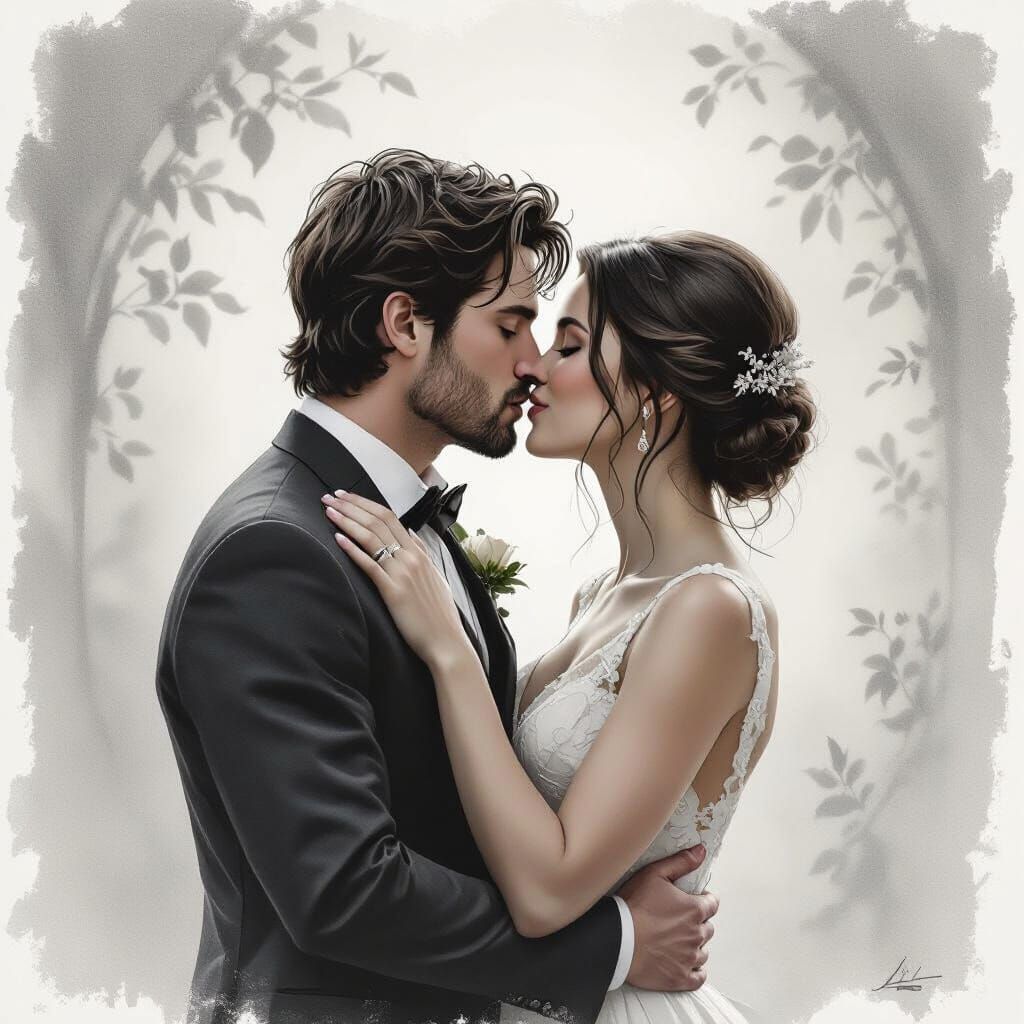 Romantic Couple Kissing: Grayscale Pencil Drawing