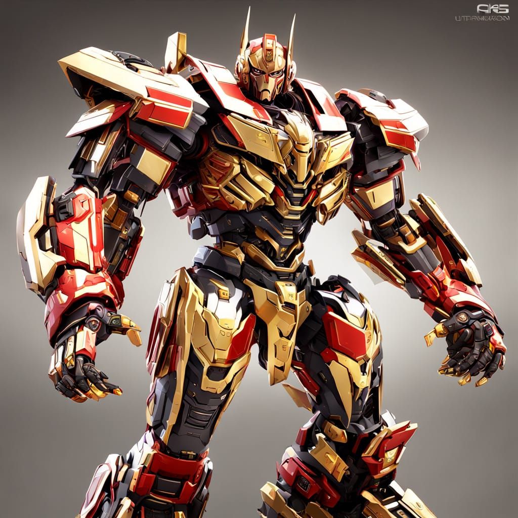 Futuristic Red and Gold Transformer Robot in Epic Concept Ar...