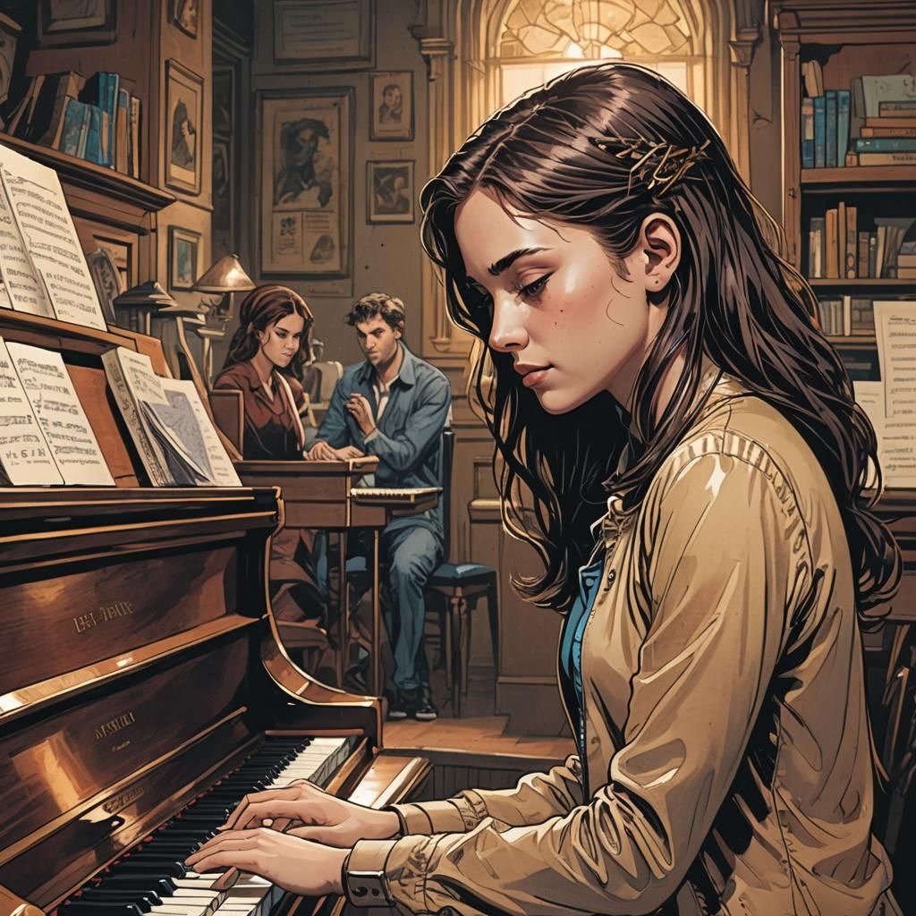 Teenage Girl Plays Piano in Comic Book Art Style