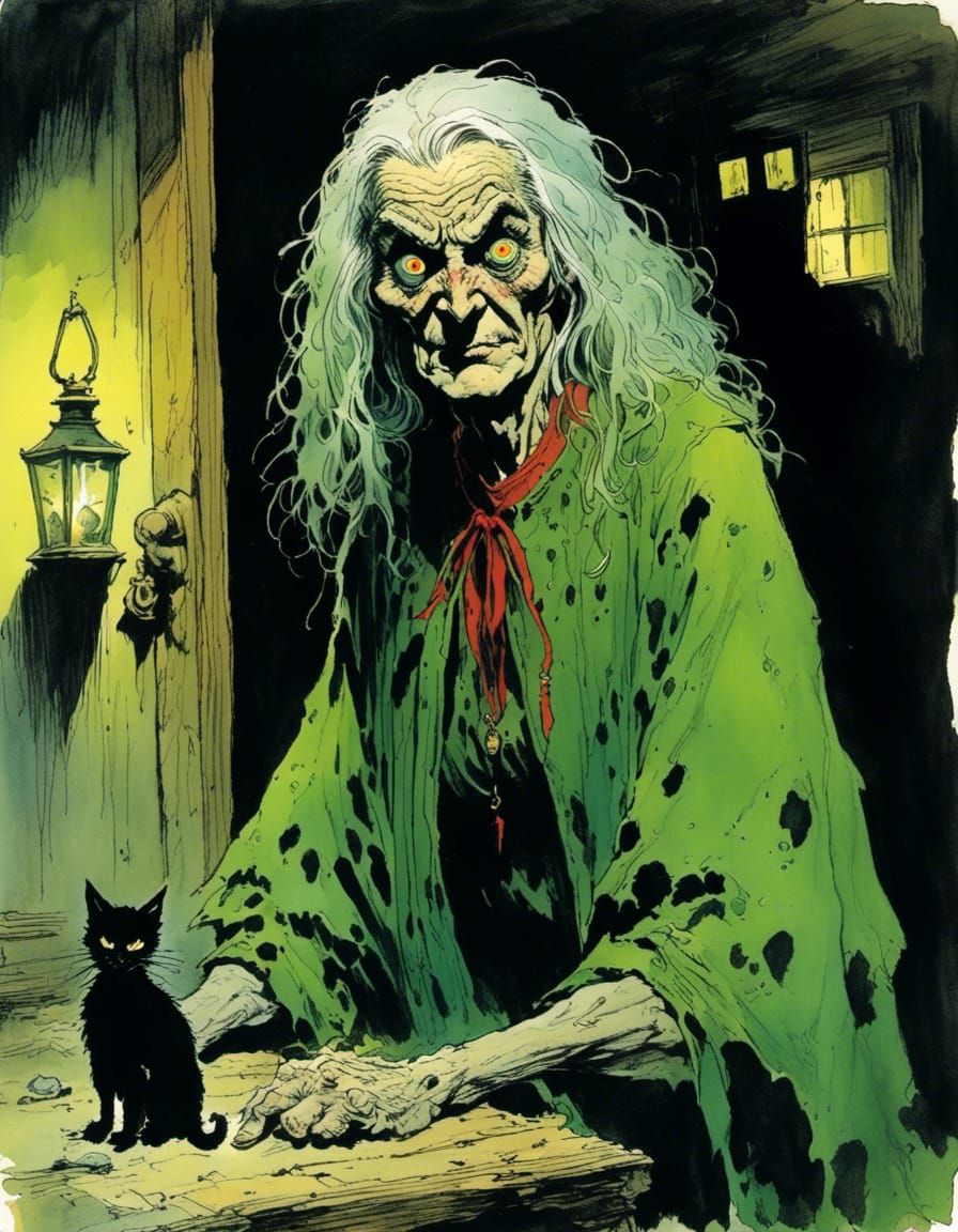 Ugly Witch Enchanting Cat in Dark Cottage