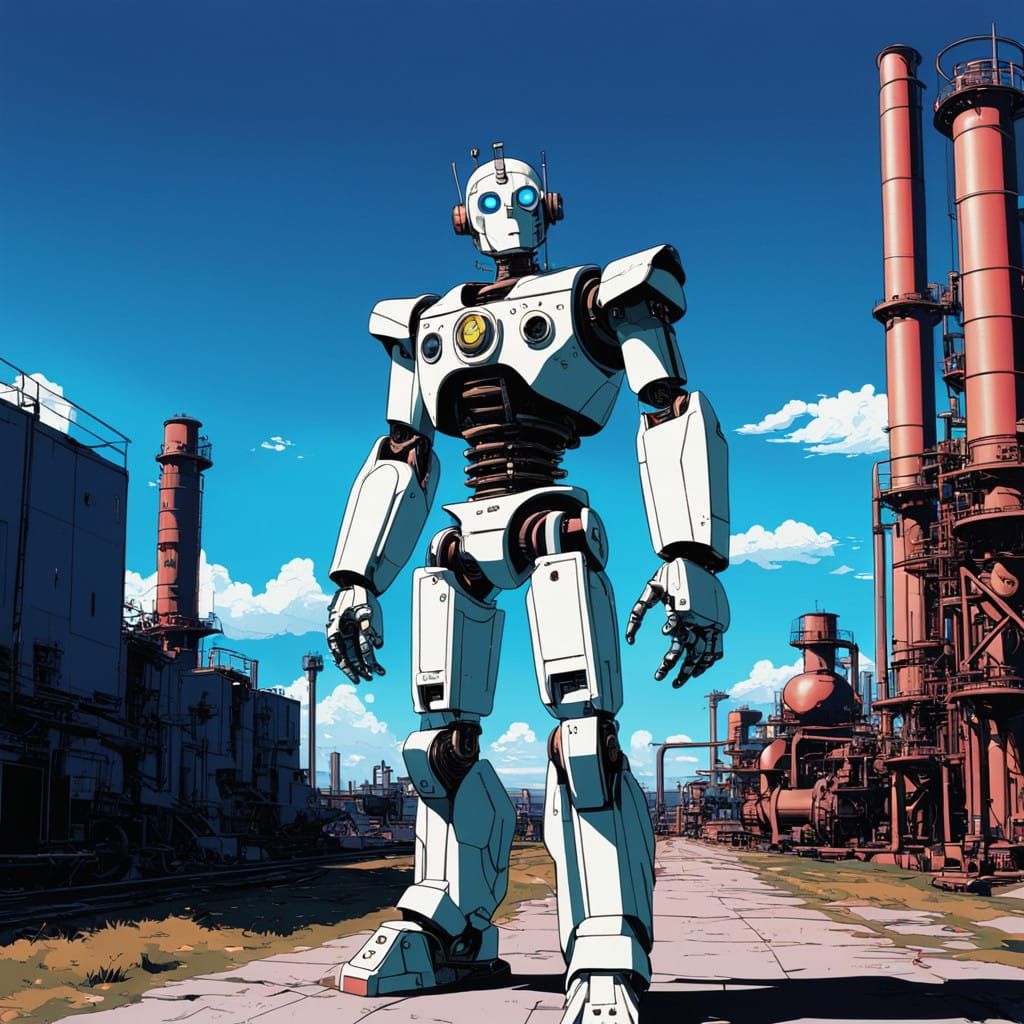 Cyborg Robot Portrait in a Futuristic Cityscape with Warhol...