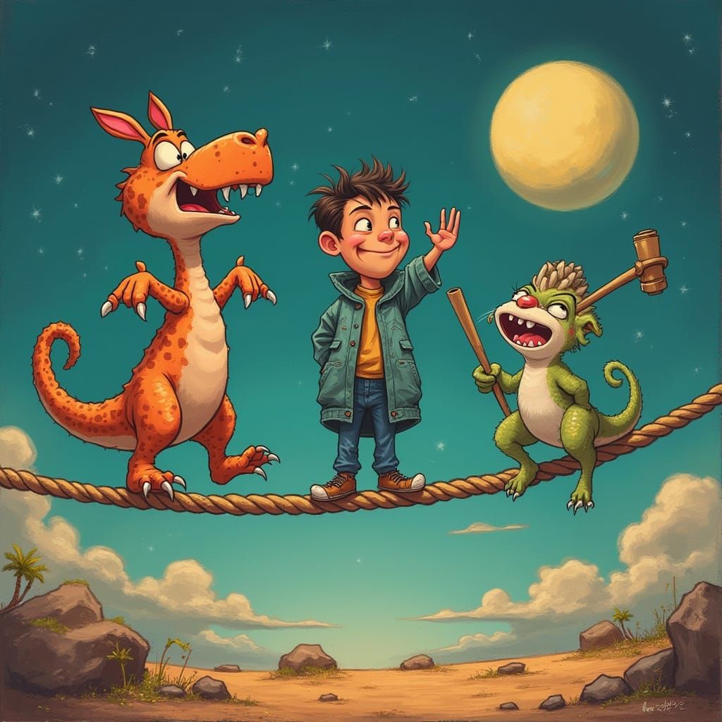 Whimsical Balancing Act with Climbing Rodent