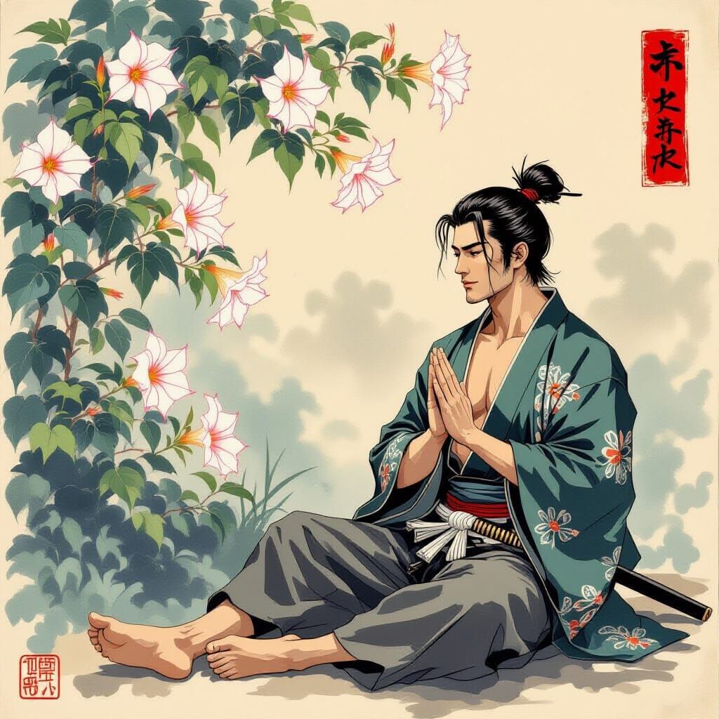 Gay Samurai Chanting Morning Prayers Amidst Morning Glories