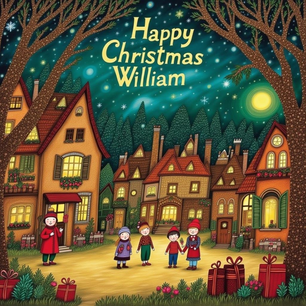 Fairytale Christmas World with Joyful Children and Gold Scri...