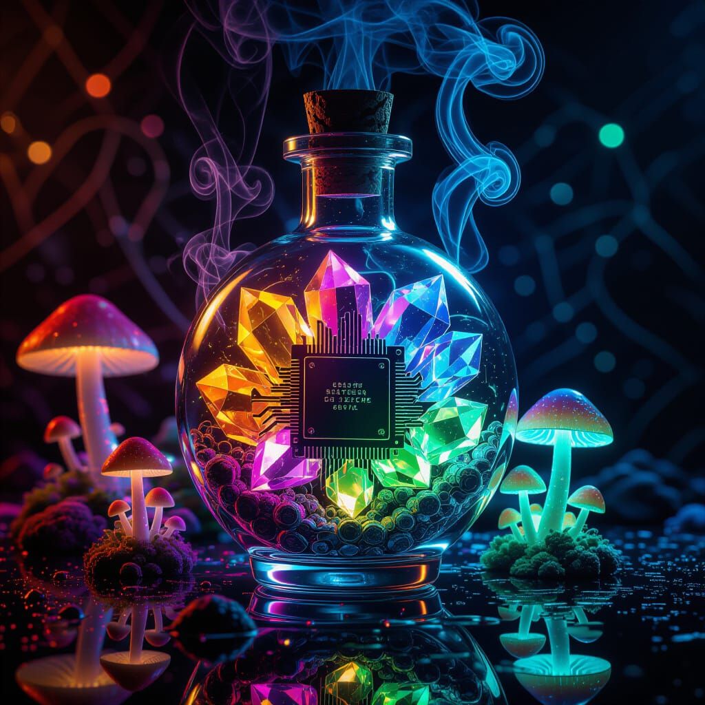 Vibrant Geometric Crystals and Smoke in Potion Bottle