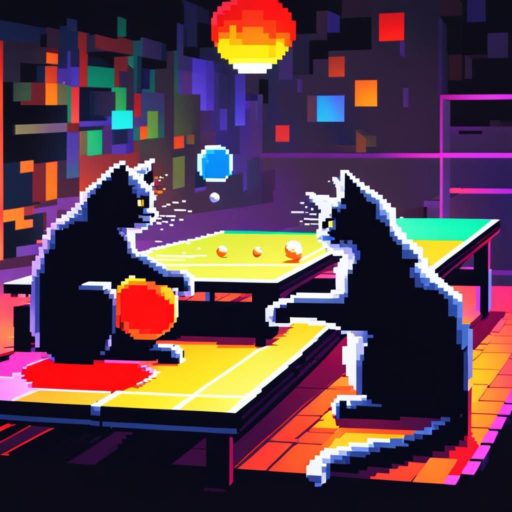 Cats Play Ping Pong in Pixel Art Style