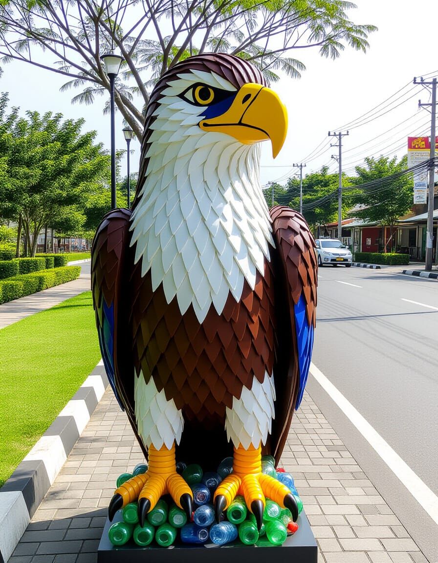 Realistic Eagle Sculpture Made from Recycled Bottles