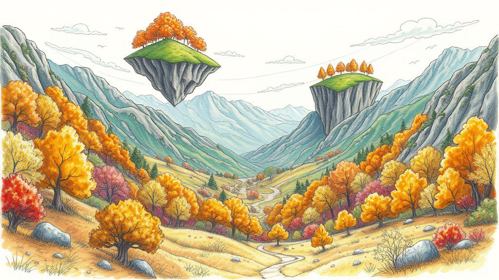 Fantasy Autumn Valley with Floating Islands: Doodle Sketch