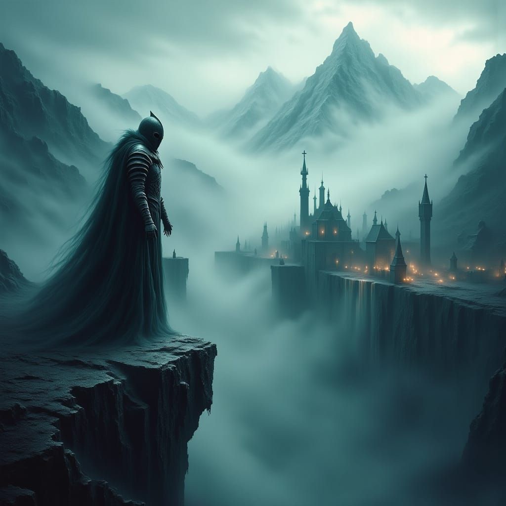 Knight Gazes Over Misty Forgotten City
