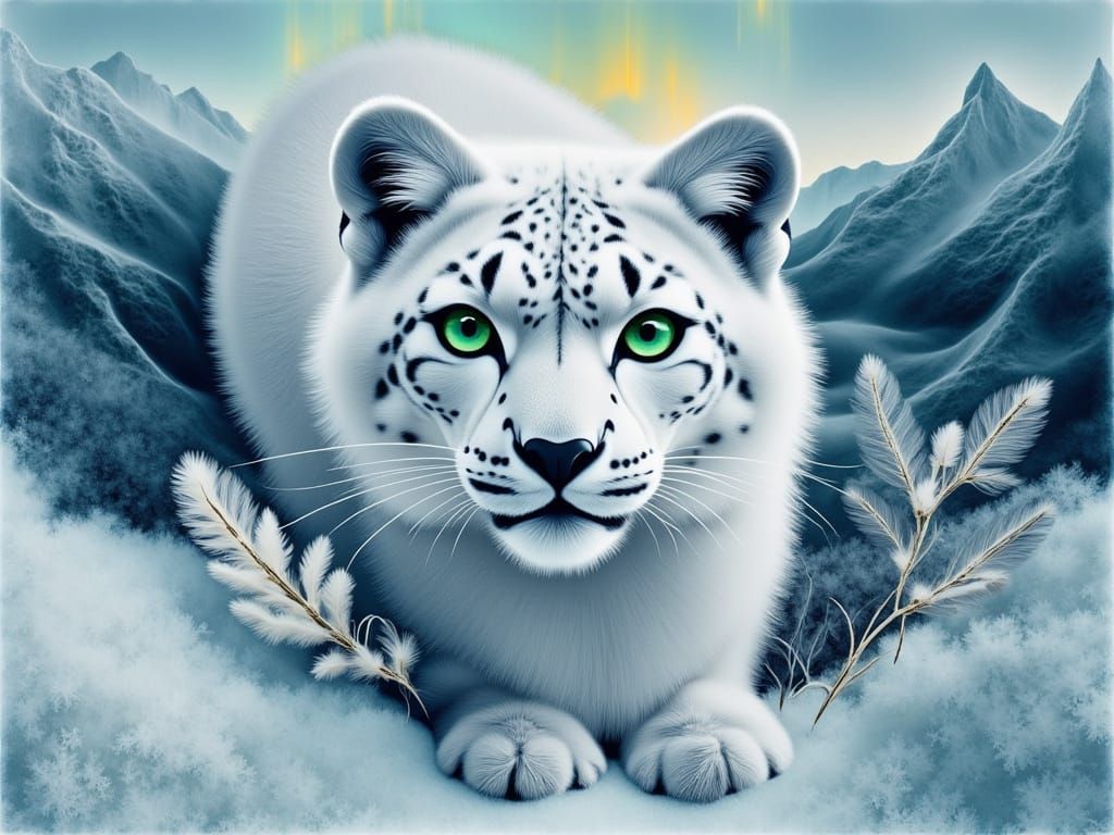 Winter Snow Leopard in Ethereal Auroral Landscape