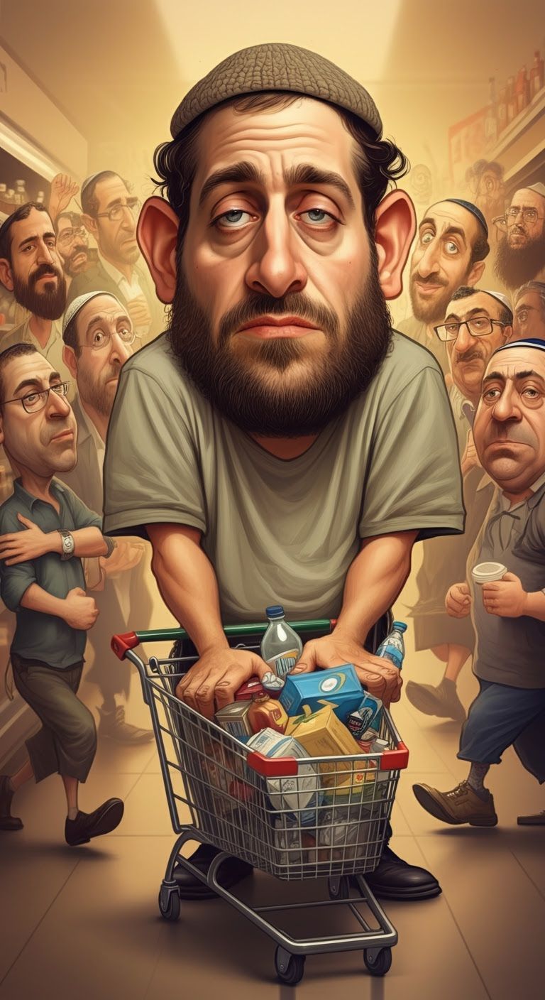 Tired Zionist Man in Chaotic Supermarket