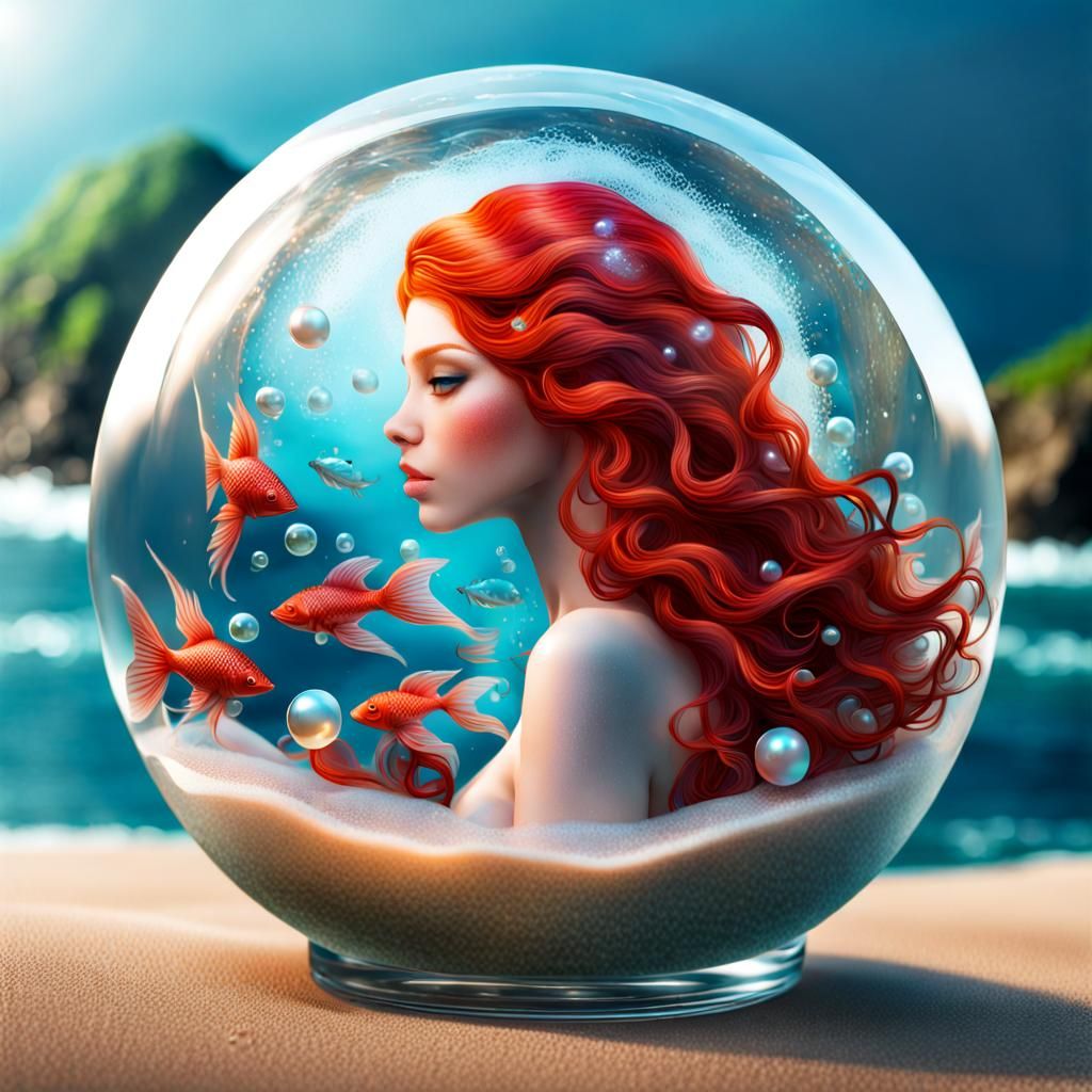Mermaid in Glass Sphere on Beach