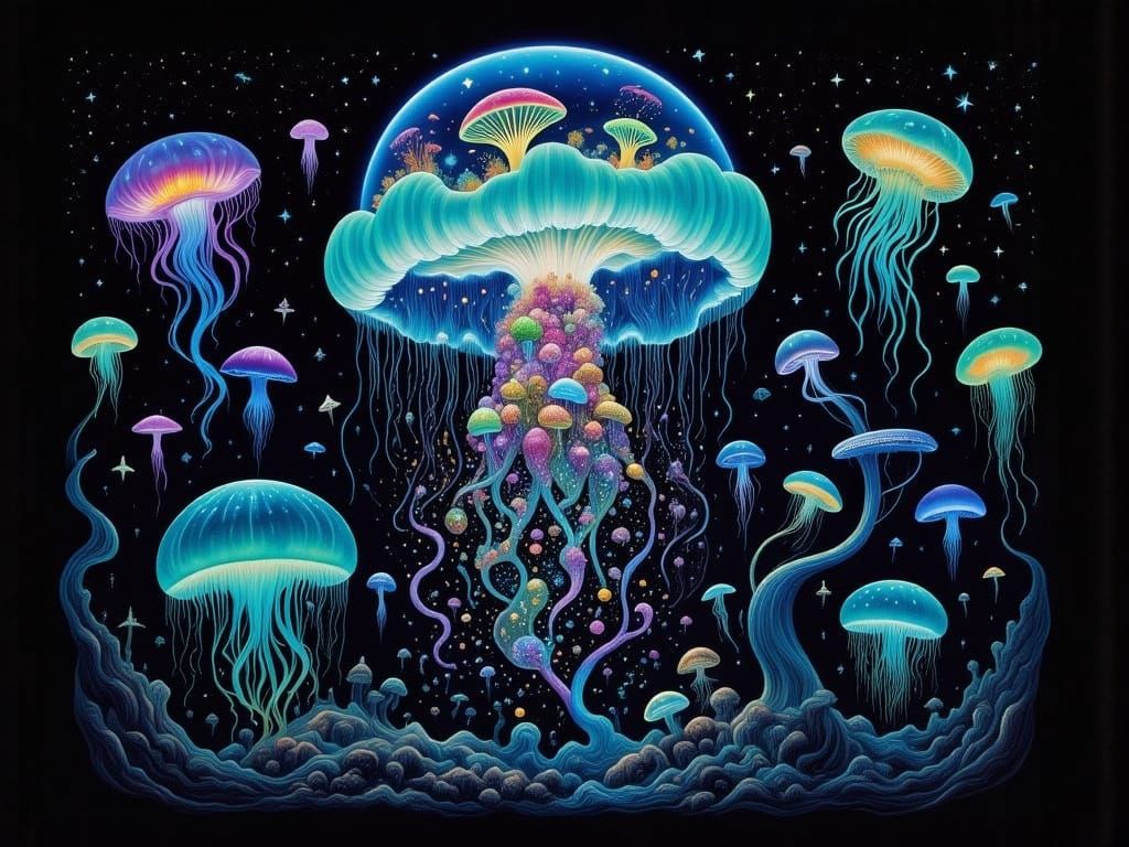 Bioluminescent Jellyfish Drifting Through Space