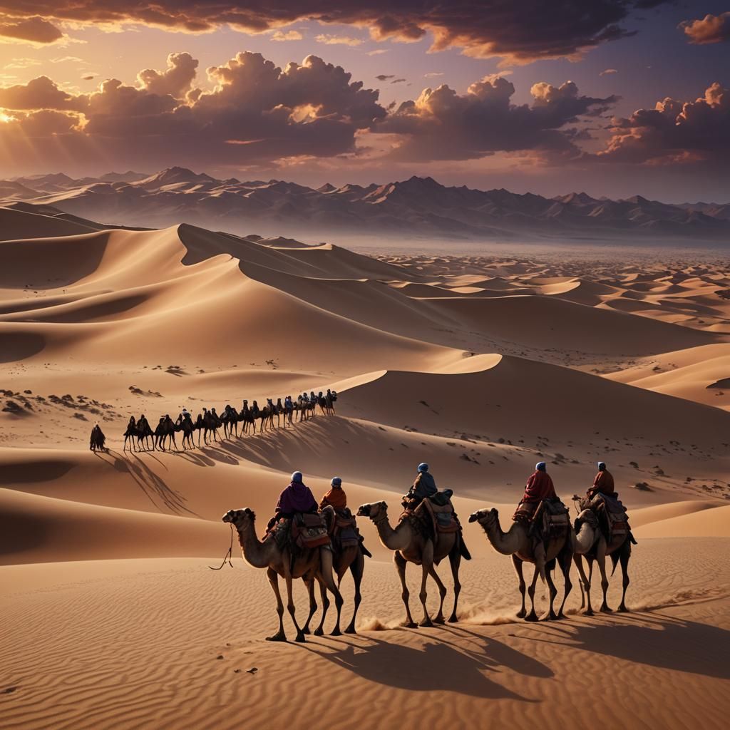 Camels Traverse Desert Dunes at Sunset