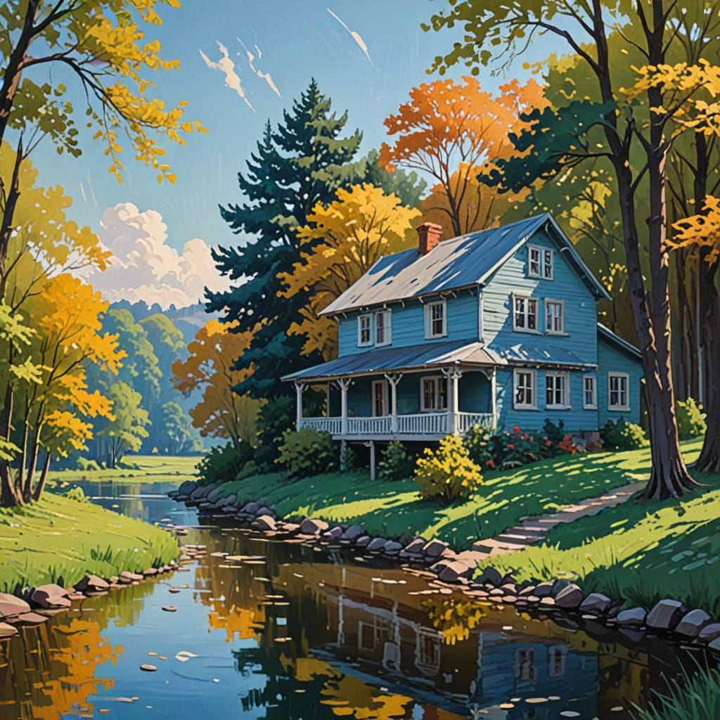 Cozy Riverbank House Gouache Painting with Thick Brush Strok...