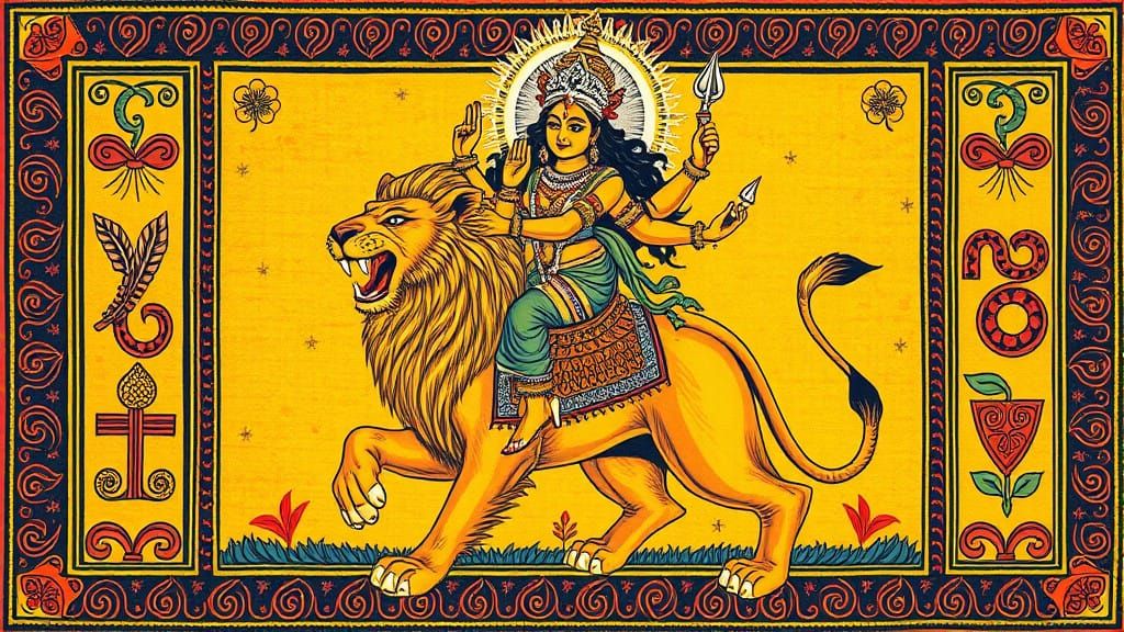 Hindu Goddess of Strength Rides Majestic Lion in Traditional...