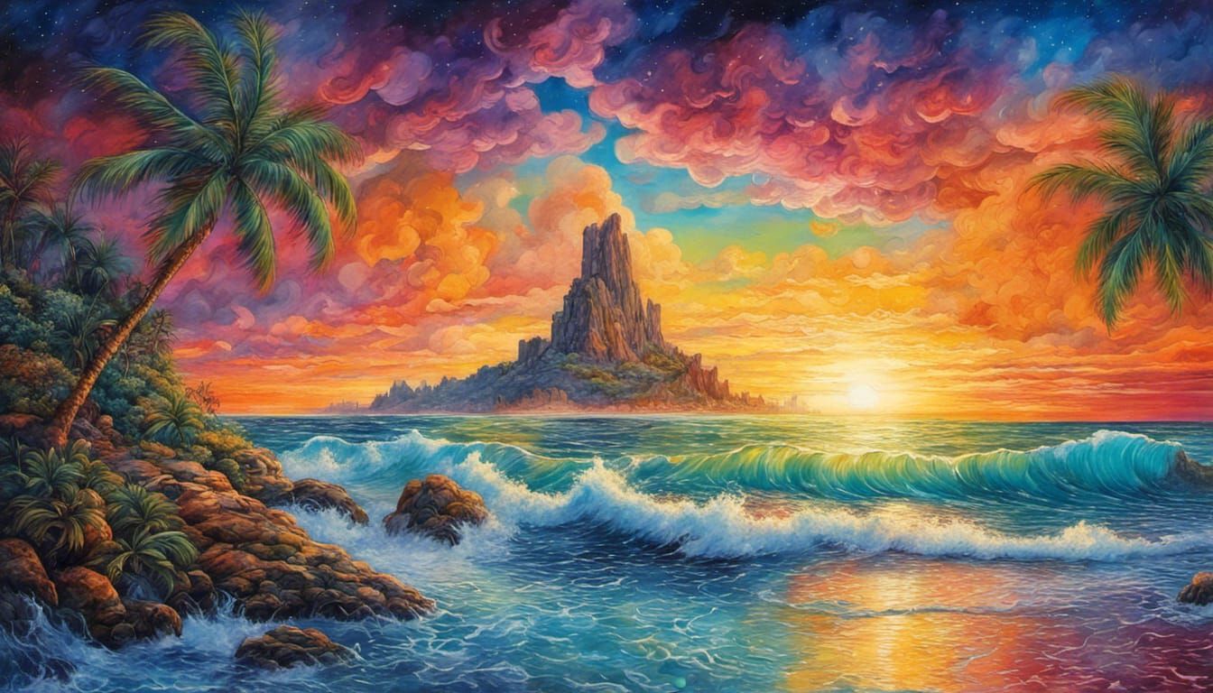 Tropical Island Sunset Seascape in Watercolor Style
