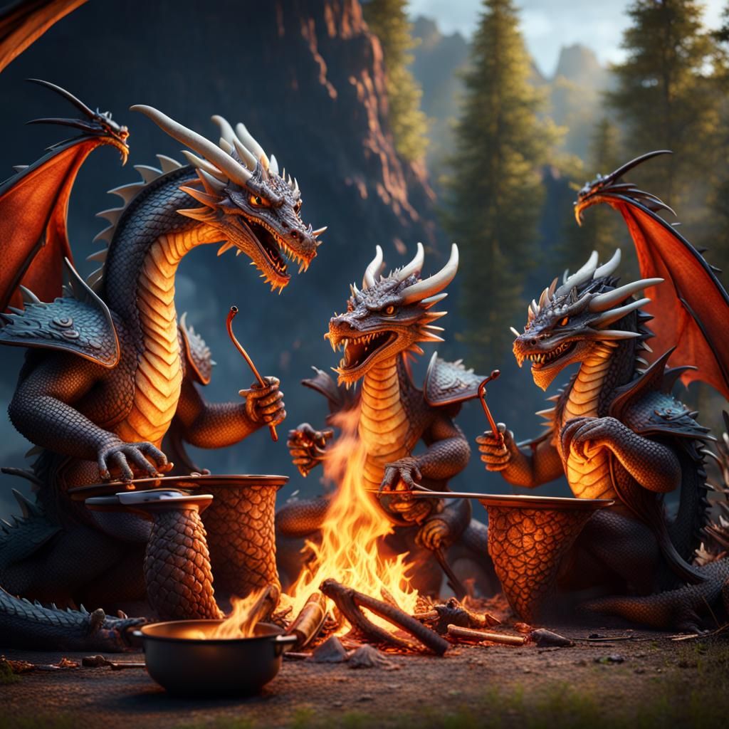 Dragons Cooking Noodles at Campfire: Fantasy Concept Art