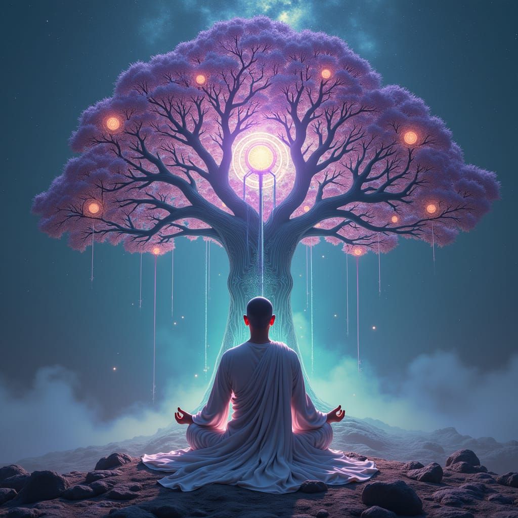 Buddhist Monk Meditates Beneath Glowing Sacred Tree in Futur...