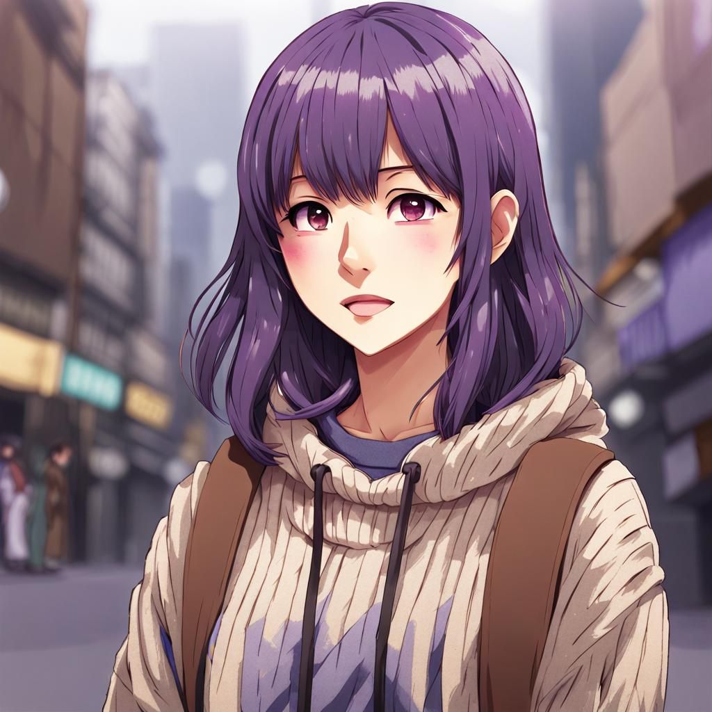 Anime Style Portrait of Asian Woman with Purple Hair