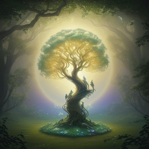 Whimsical Fantasy Tree of Life with Climbing Ferret