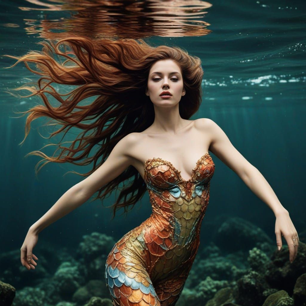 Ethereal Mermaid in Art Nouveau Ocean Scene