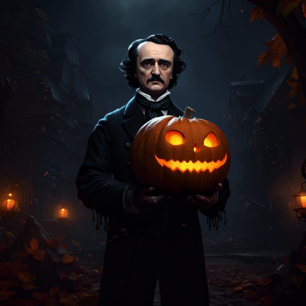 Edgar Allan Poe with Pumpkin: Dark Fantasy Art
