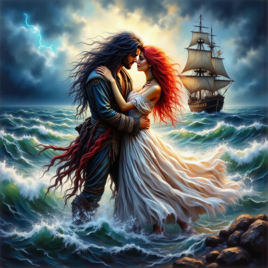 Passionate Embrace Amidst Stormy Seas in Oil Painting Style