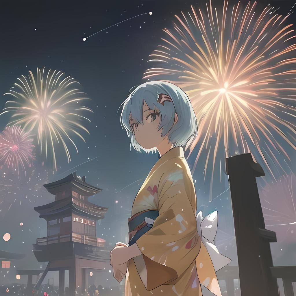 Rei Ayanami at Summer Festival with Fireworks